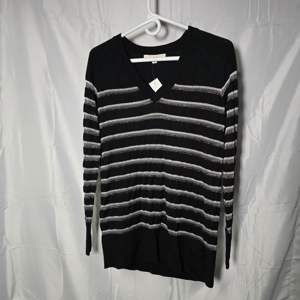 LOFT Women XS Black Metallic Silver Striped V-Neck Sweater Raglan Sleeve
